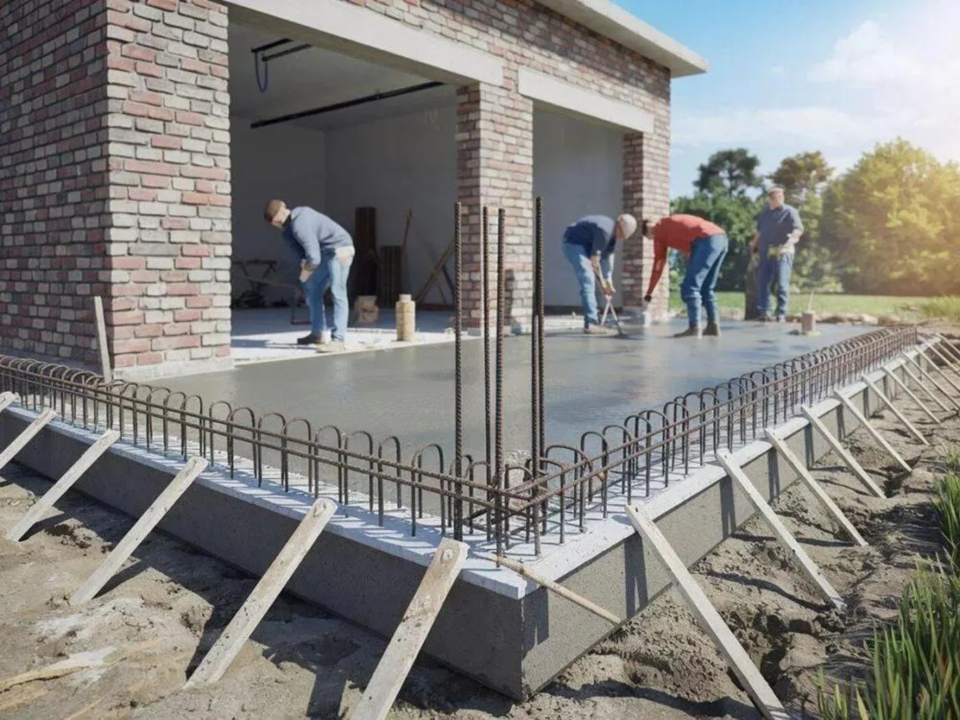 Crew finishing a poured concrete garage slab with rebar and wood forms beside a brick garage