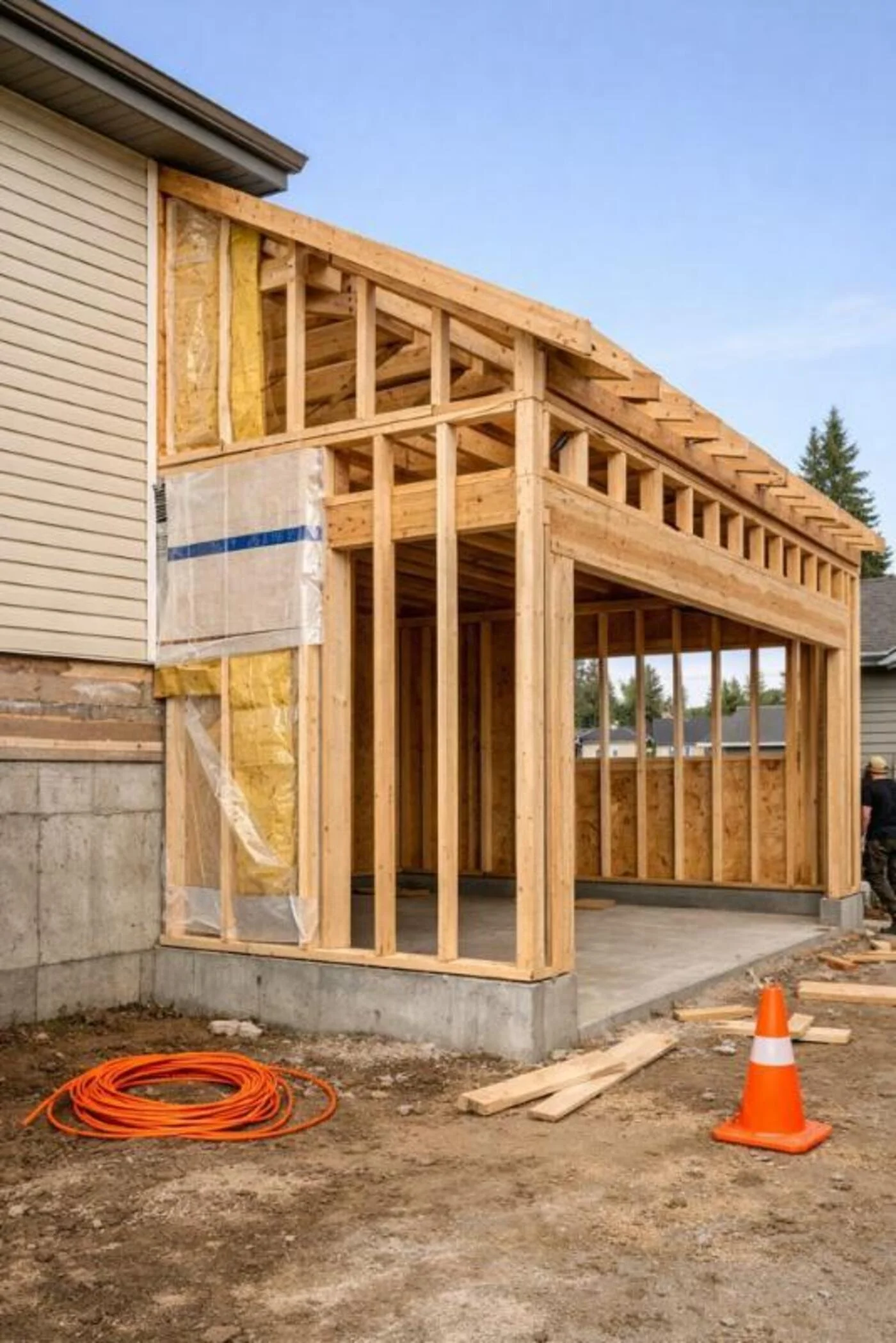Wood-framed home addition under construction on a concrete foundation