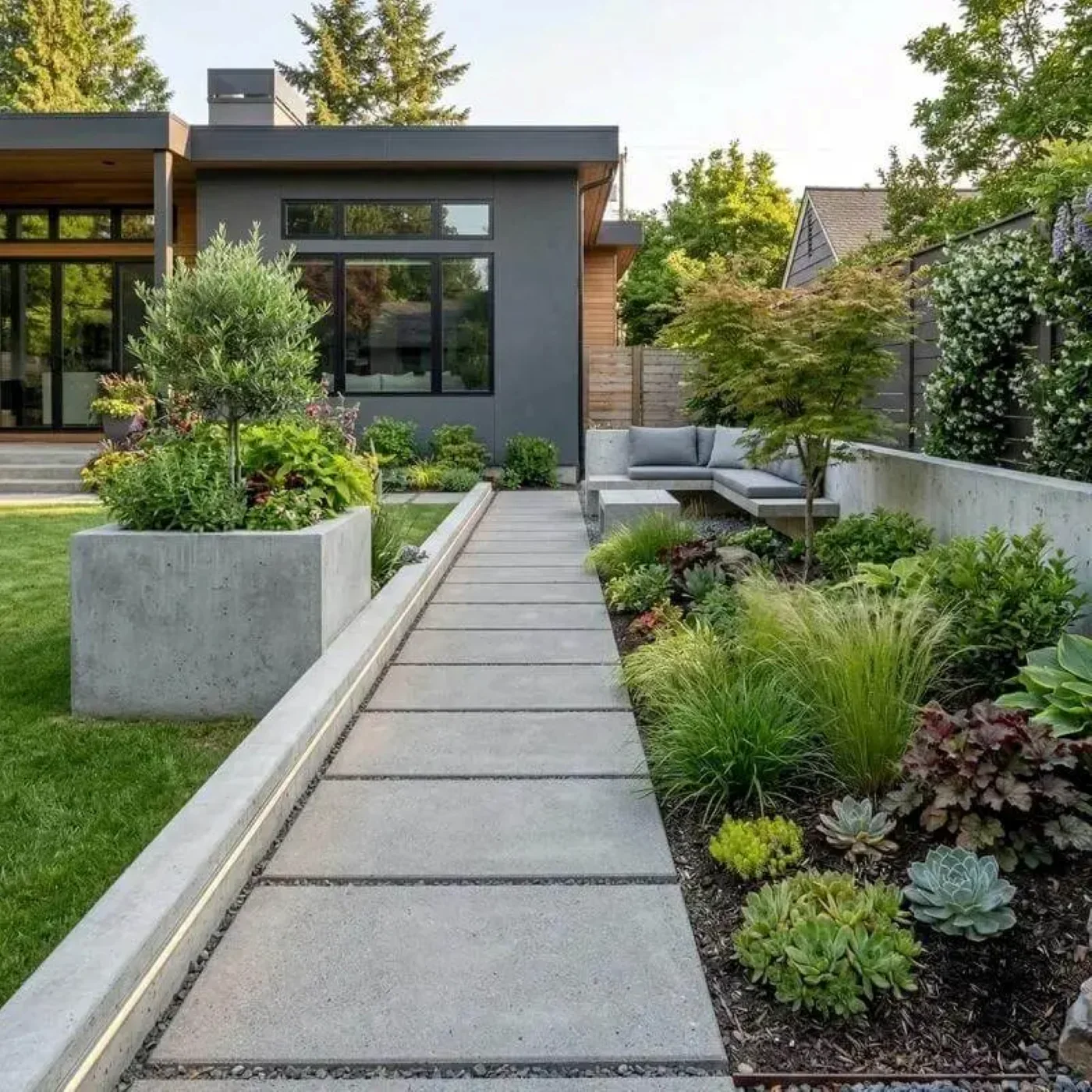 Straight concrete walkway lined with landscaped beds leading to a modern home